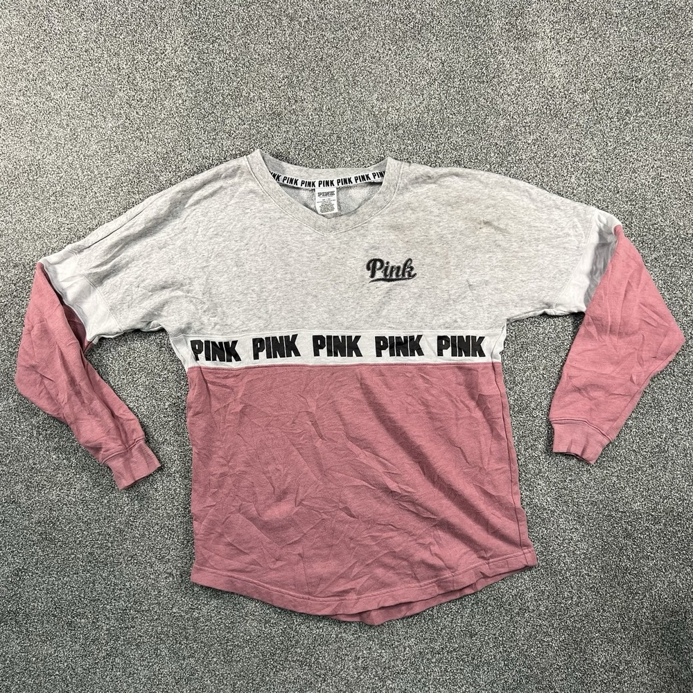 PINK Victoria’s Secret Womens XS Pullover Sweatshirt Pink Gray Colorblock Logo